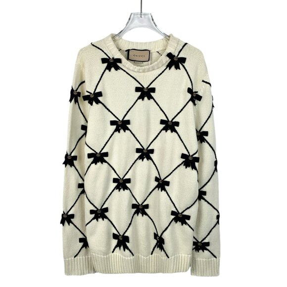 Gucci Ivory Wool Sweater With Black Bow Details & GG Accents - Picture 1 of 7